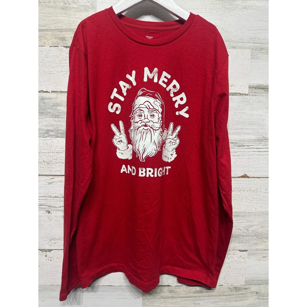 Holiday Time Long Sleeve T-Shirt Boys 14/16 Red Santa Peace Sign EUC